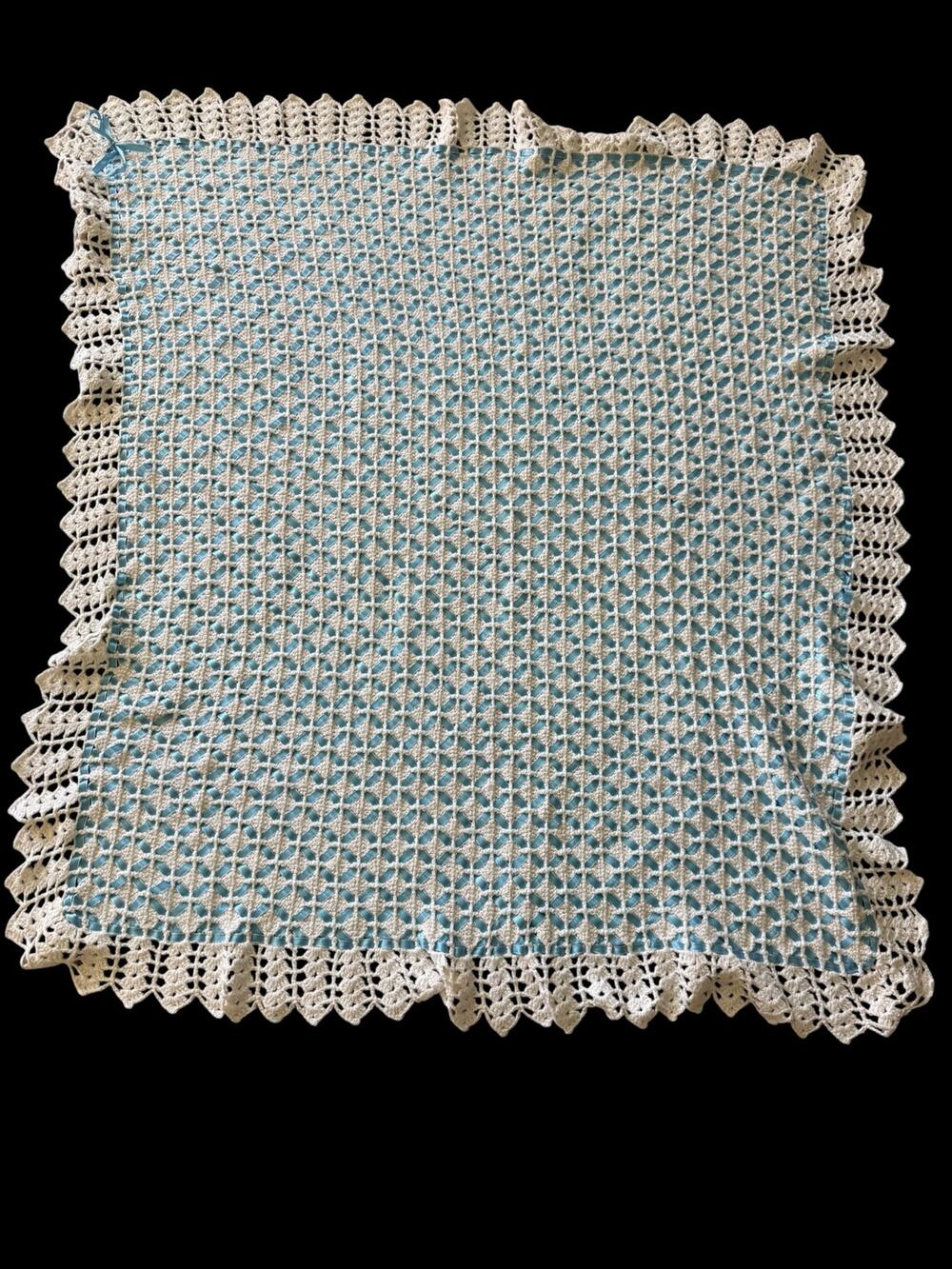 Handmade Crochet Baby Blanket White & Blue Ribbon Lace Afghan 45” x 53”
